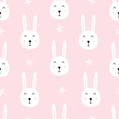 Tavşan Suratlı Karikatür Hayvani Arkaplan Kusursuz Desen. Çocuk tarzında çizilmiş şirin bir el. Parmak izi, arkaplan, hediye paketi, bebek kıyafetleri, tekstil, vektör resimleri için kullan.