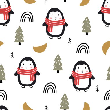 Beyaz arka planda penguenler olan kusursuz bir Noel deseni. Çizgi film tarzında elle çizilmiş tasarım. Baskı, kutlama duvar kağıtları, kumaşlar, tekstil, vektör çizimleri için kullan.