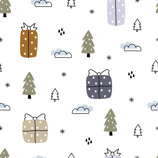 Nahtlose Weihnachtshintergrund Vektor Muster Mit Geschenkbox Und Weihnachtsbaum Handgezeichnetes Design — Stockvektor