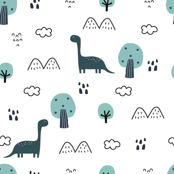 恐竜と山の木のシームレスなパターン 子供のスタイルで手描きかわいい漫画動物の背景印刷 ベクトルイラストに使用されるデザイン — ストックベクタ