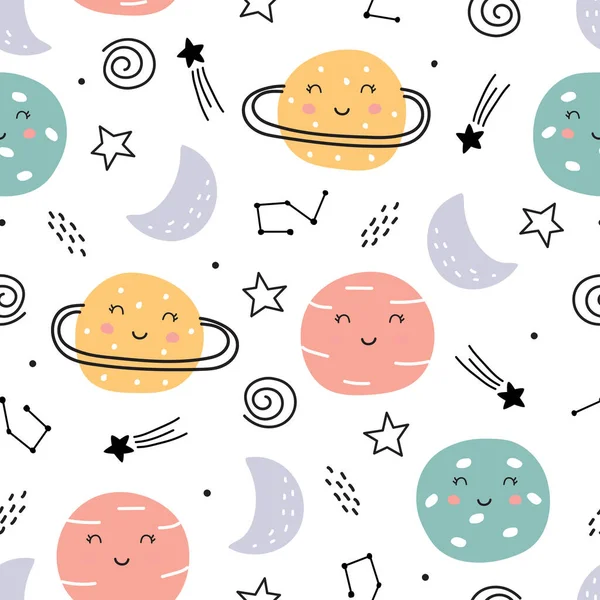 Space Background Kids Planet Sky Seamless Pattern Design Cartoon Style — Stock Vector