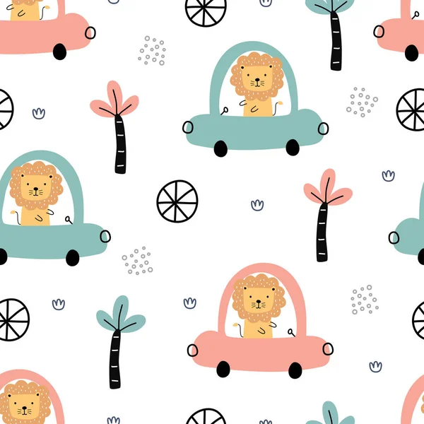 Löwe Steuer Eines Autos Transport Hintergrund Für Kinder Nahtloses Zeichentrickmuster — Stockvektor