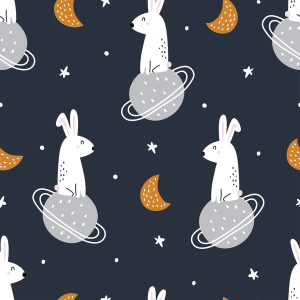 Rabbit Star Space Background Kids Seamless Cartoon Pattern Hand Drawn — Stock Vector