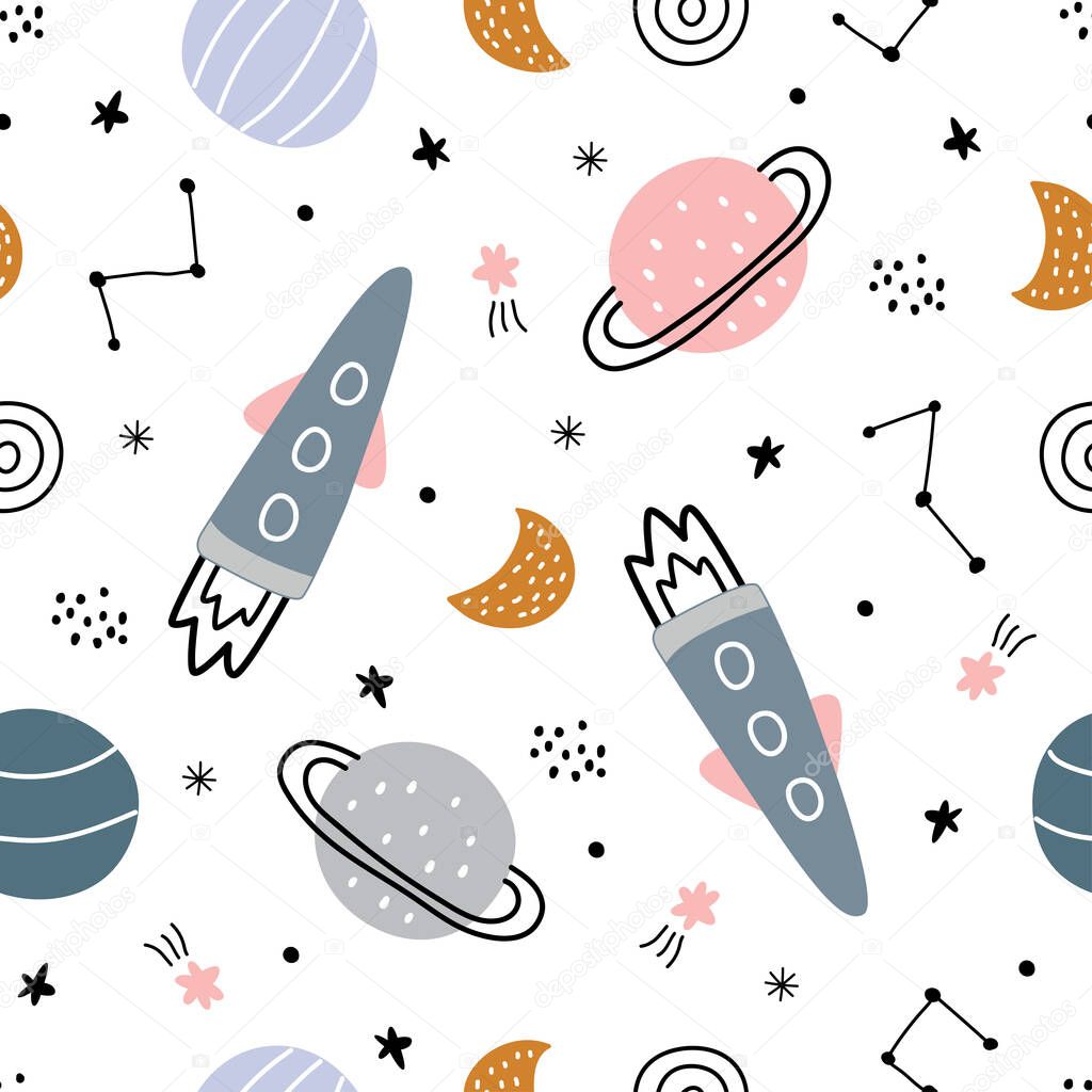 Space background hand drawn stars and rockets seamless vector pattern in cartoon style for kids used for printing wallpaper, decoration, fabric, textile Vector Illustration
