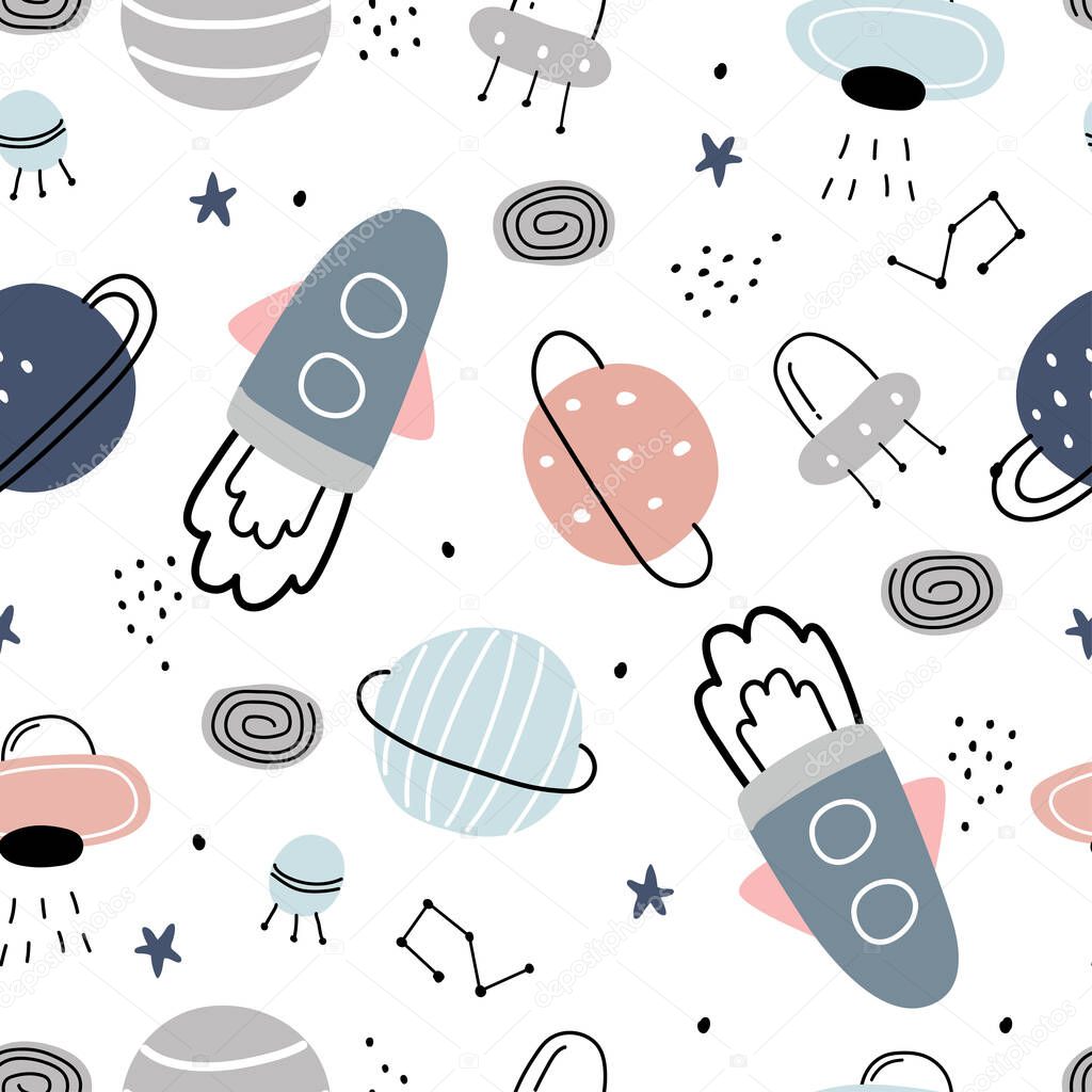 Space background with stars and rocket hand drawn seamless vector pattern in cartoon style for kids used for printing wallpaper, decoration, fabric, textile Vector Illustration