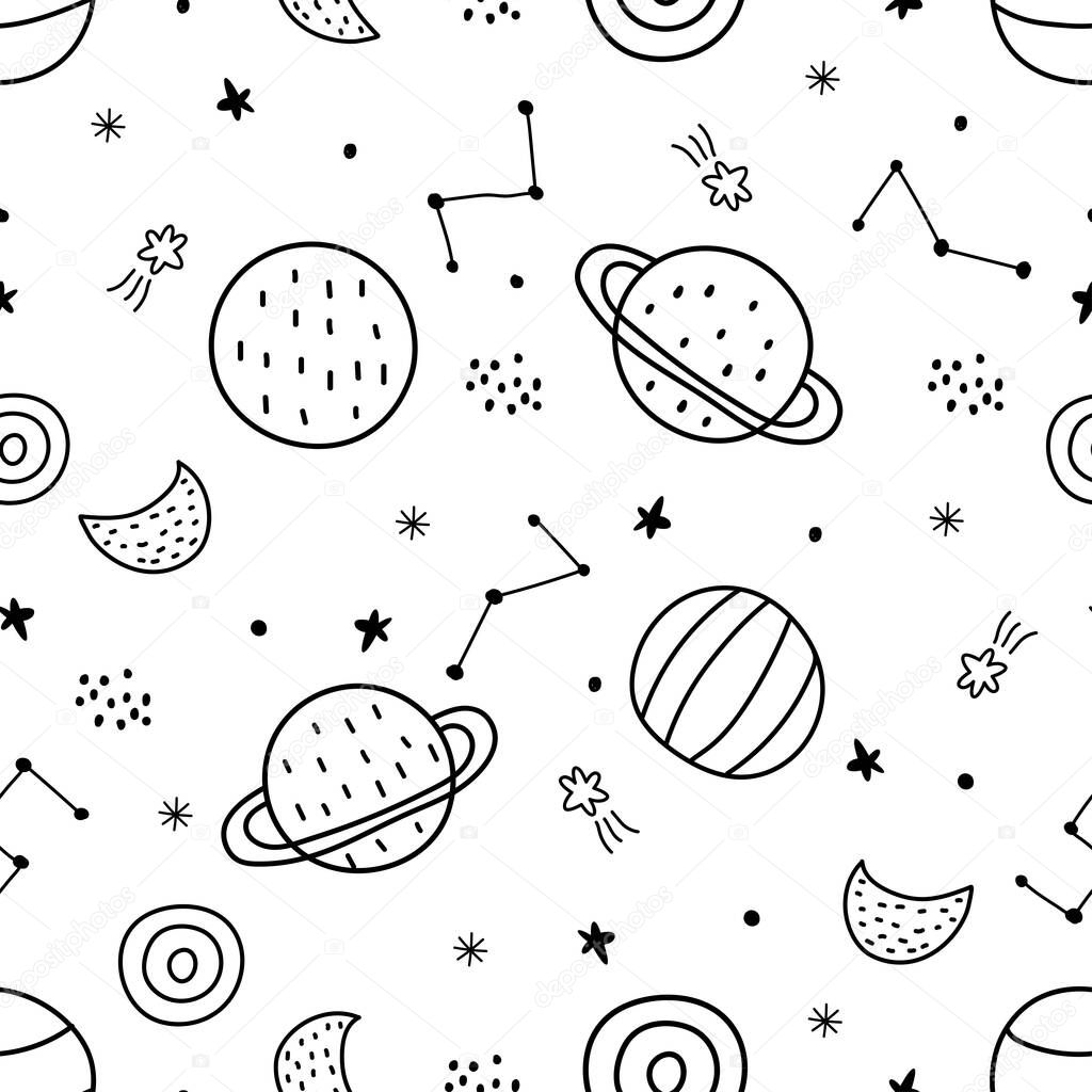 Space background for kids Constellations and planets pattern seamless black and white design in cartoon style. Use for prints, wallpaper, decorations, textiles, vector illustrations.