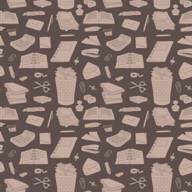 Kahverengi arka plandaki kırtasiyeden kusursuz desen. Vektör