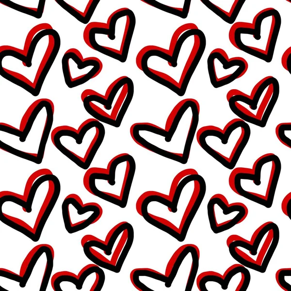 Nahtloses Muster mit schwarzen und roten Herzen auf weißem Hintergrund — Stockfoto