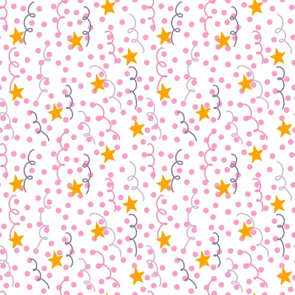 Seamless birthday pattern with stars and confetti on white background — Stock Photo, Image