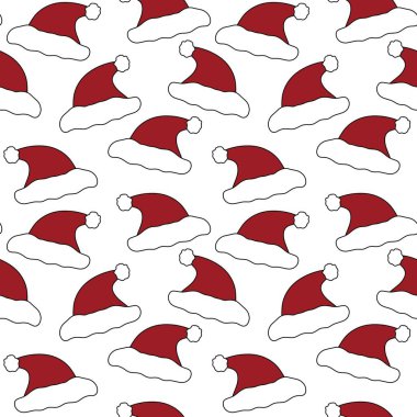Beyaz arka planda Noel Baba şapkaları olan kusursuz bir Noel deseni. 