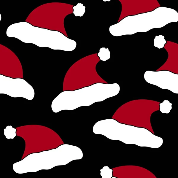 黒の背景にサンタの帽子とシームレスなクリスマスパターン — ストック写真