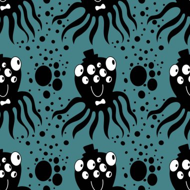 Mavi arka planda kusursuz çocuk çizgi film deseni 