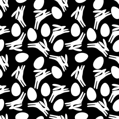 Beyaz tavşanlar ve siyah arka planda yumurtalarla kusursuz Paskalya deseni.