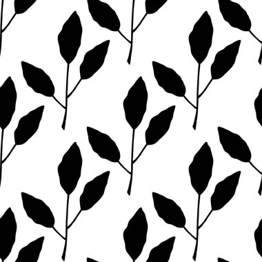 Beyaz arkaplanda karalama siyah yaprakları olan pürüzsüz desen 