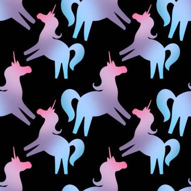 Siyah arkaplanda değişken tek boynuzlu at deseni 