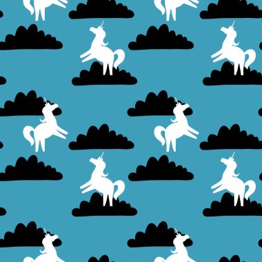 Mavi zemin üzerinde tek boynuzlu at olan kusursuz desen