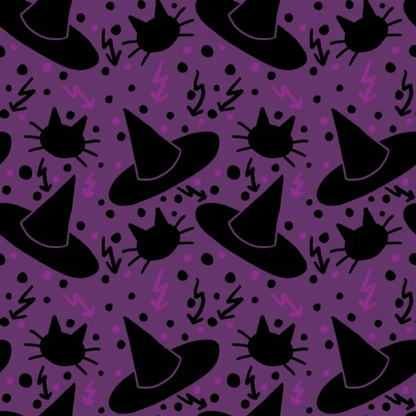 Zökkenőmentes Halloween minta boszorkány kalap és macska szövet és textil — Stock Fotó