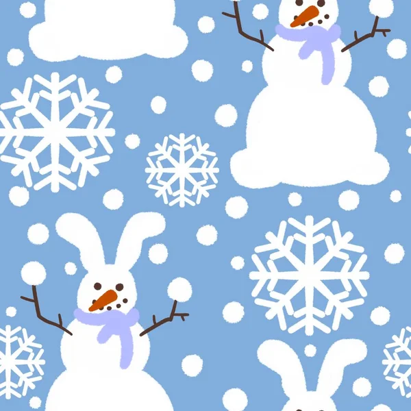 Płynny zimowy wzór świąteczny z bałwanem na niebieskim tle dla tkanin i tekstyliów — Zdjęcie stockowe