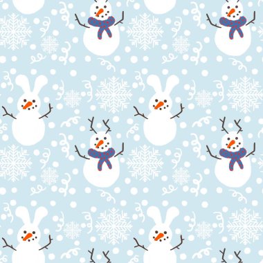 Kumaş ve tekstil ürünleri için mavi arka planda kardan adam olan kusursuz bir Noel deseni. 