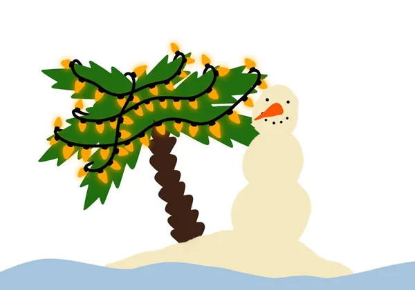 Állítsa hóember a strandon karácsonyi ajándékokat — Stock Fotó