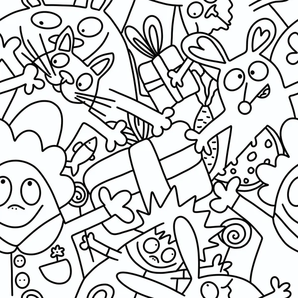 Doodle kids bezszwowy wzór ze zwierzętami i ludźmi do pakowania i tkanin — Zdjęcie stockowe