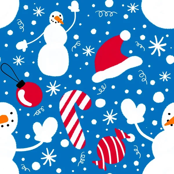 Бесшовный новогодний узор со снеговиком для тканей, текстиля и постельного белья — стоковое фото