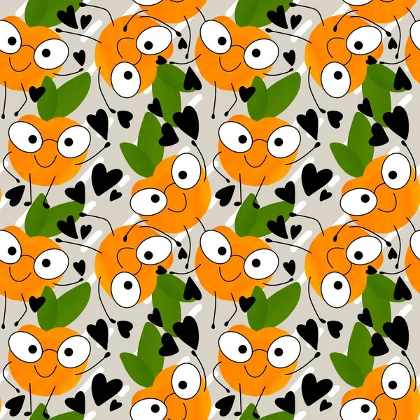 Patrón de fruta sin costura de dibujos animados naranja para telas y textiles y embalaje y regalos y tarjetas y ropa de cama — Foto de Stock