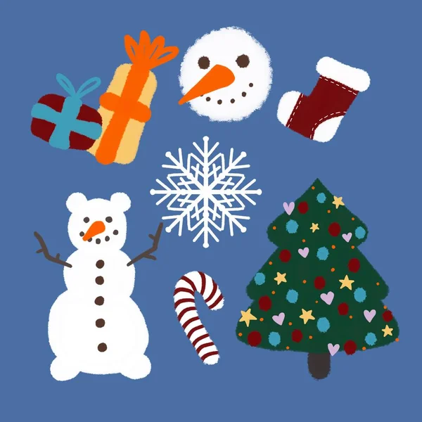 Zimní set se sněhulákem na tkaniny a textil a obaly a dárky a karty a prádlo a děti — Stock fotografie