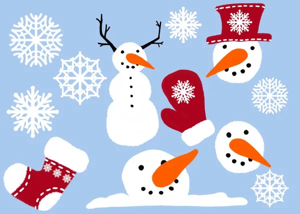 Zestaw zimowy z bałwanem do tkanin i tekstyliów, opakowań, prezentów, kart, pościeli i dzieci — Zdjęcie stockowe