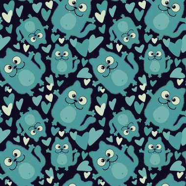 Kumaşlar, tekstil, çarşaflar, hediyeler ve kartlar için sevimli çizgi film kedileri olan kusursuz desenler. 