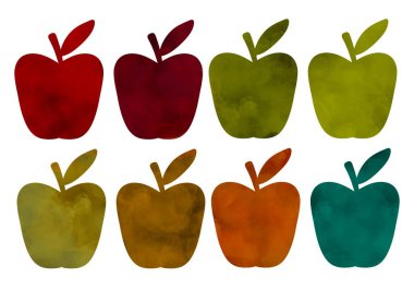 Kumaşlar, tekstil, çıkartmalar, posterler, kartlar, dergiler ve çocuklar için renkli elmalarla dolu.