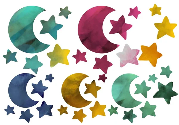 Set mit farbigen Sternen und Mond für Aufkleber und Poster sowie Karten und Zeitschriften und Kinder — Stockfoto