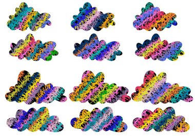 Kartpostallar, kartpostallar, çıkartmalar, dergiler ve çocuklar için renkli bulutlarla dolu.
