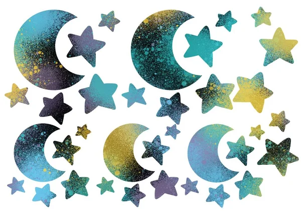 Set mit farbigen Sternen und Mond für Aufkleber und Poster sowie Karten und Zeitschriften und Kinder — Stockfoto