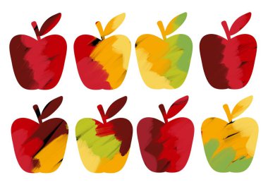 Kumaşlar, tekstil, çıkartmalar, posterler, kartlar, dergiler ve çocuklar için renkli elmalarla dolu.