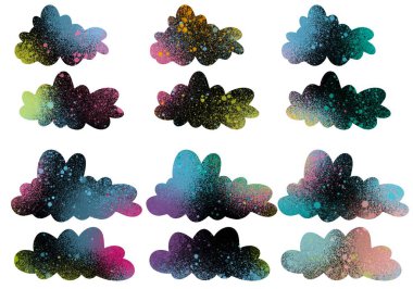 Kartpostallar, kartpostallar, çıkartmalar, dergiler ve çocuklar için renkli bulutlarla dolu.