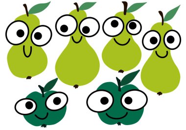 Çıkartmalar, çocuklar, kartlar, posterler, kartpostallar ve ambalaj kağıtları için armut ve elmalarla dolu meyve seti.