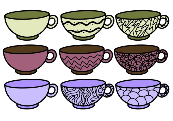 Set con tazas para té y café para telas y textiles y tarjetas y cocina y niños y pegatinas —  Fotos de Stock