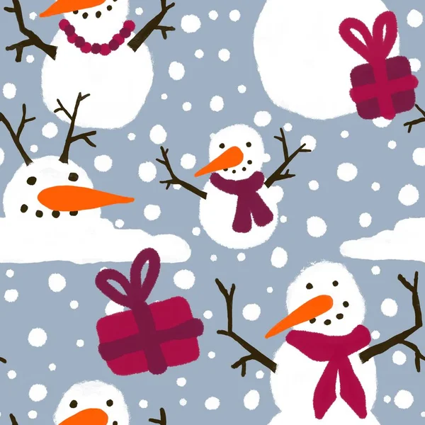 Zimowy bezszwowy wzór bałwana do tkanin i tekstyliów, opakowań, prezentów, kart, pościeli i dzieci — Zdjęcie stockowe