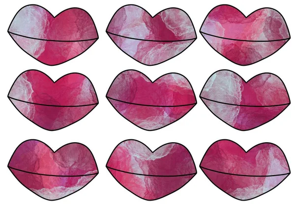 Set met lippen voor Valentijnscadeaus en stickers en kinderen en inpakpapier en -kaarten en hobby 's en stoffen — Stockfoto