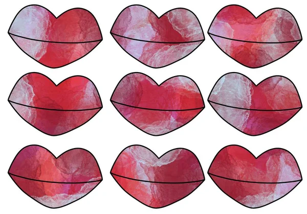 Set met lippen voor Valentijnscadeaus en stickers en kinderen en inpakpapier en -kaarten en hobby 's en stoffen — Stockfoto
