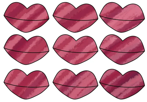 Set met lippen voor Valentijnscadeaus en stickers en kinderen en inpakpapier en -kaarten en hobby 's en stoffen — Stockfoto