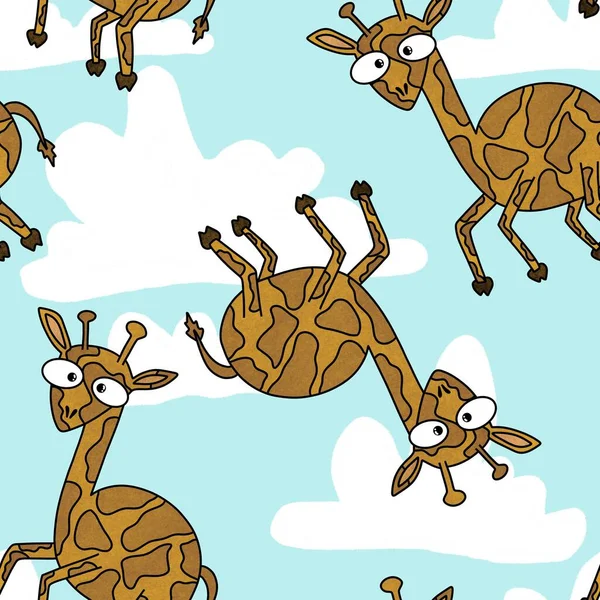 Padrão de girafas de desenhos animados sem costura crianças para tecidos e embalagens e presentes e cartões e lençóis e papel de embrulho — Fotografia de Stock