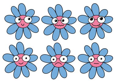 Kumaşlar, çocuklar, ambalajlar, kartlar, çıkartmalar, dergiler ve hobiler için karikatür çiçekleriyle dolu.