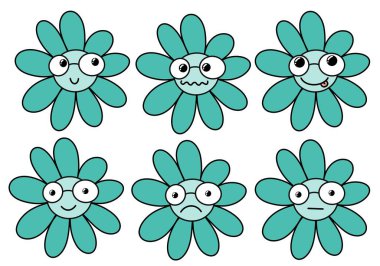 Kumaşlar, çocuklar, ambalajlar, kartlar, çıkartmalar, dergiler ve hobiler için karikatür çiçekleriyle dolu.