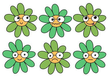 Kumaşlar, çocuklar, ambalajlar, kartlar, çıkartmalar, dergiler ve hobiler için karikatür çiçekleriyle dolu.