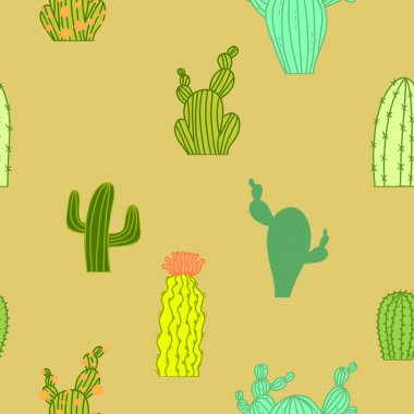 Kumaşlar, tekstil, ambalaj, hediyeler, kartlar, çarşaflar ve çocuklar için çiçeksiz kaktüs deseni.