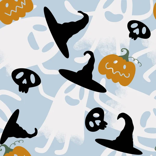 Patrón fantasma sin costuras de Halloween para papel pintado y embalaje y regalos y tarjetas y ropa de cama y niños y telas —  Fotos de Stock