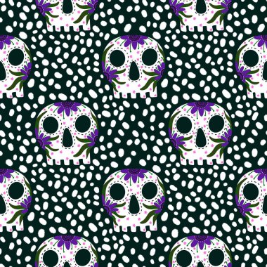 Kumaşlar, tekstil ve ambalajlar, hediyeler ve ambalaj kağıtları için kusursuz şeker kafatasları deseni