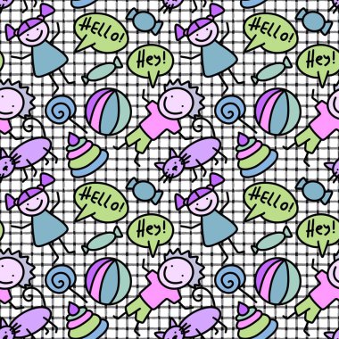 Çizgifilmsiz çocuklar kumaşlar, tekstil, ambalaj, hediyeler ve ambalaj kağıtları için komik desenler.